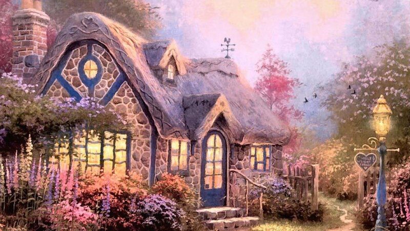 Cottage in Garden — Purple, Serene, Sunset