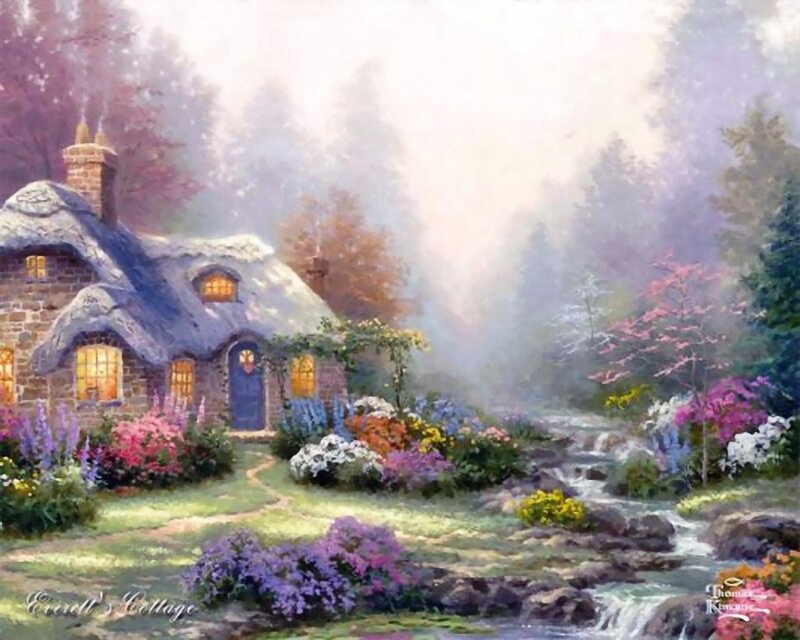 Cottage in Garden — Purple, Serene