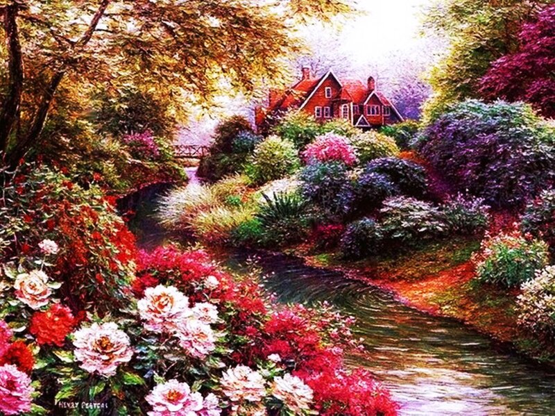 Cottage in Garden — Red, Serene, Afternoon