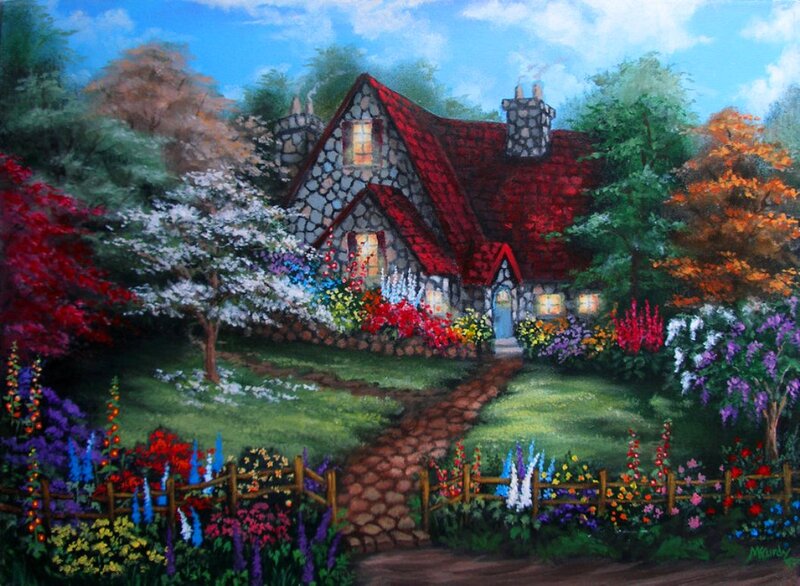 Cottage in Garden — Red, Serene, Spring