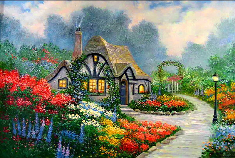 Cottage in Garden — Red, Serene