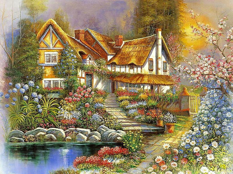 Cottage in Garden — Yellow, Serene, Spring