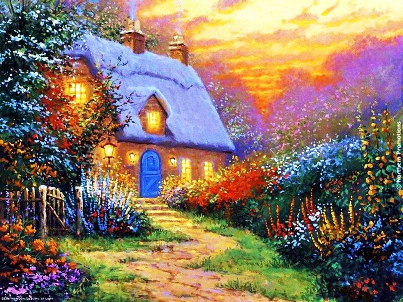 Cottage in Garden — Yellow, Serene, Sunset, Painting