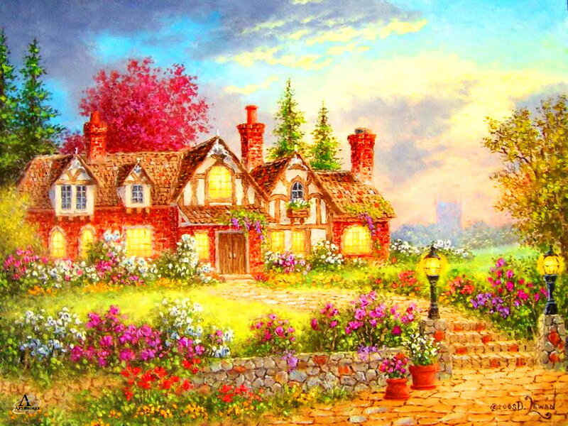 Cottage in Garden — Yellow, Serene, Sunset