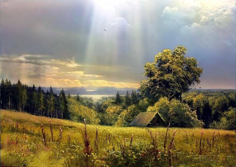 Cottage in Meadow — Green, Dramatic