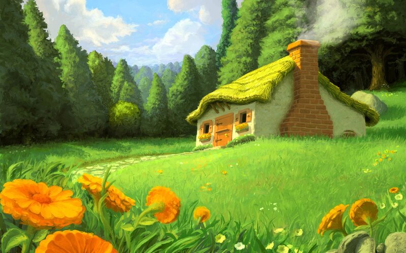 Cottage in Meadow — Green, Serene, Afternoon, Digital Art, Flowers, Forest