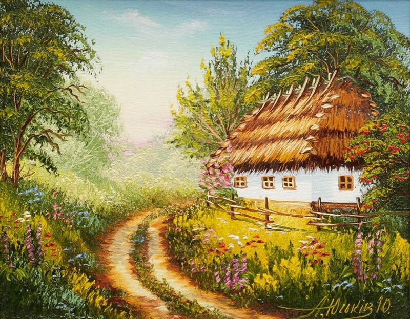 Cottage in Meadow — Green, Serene, Afternoon, Painting