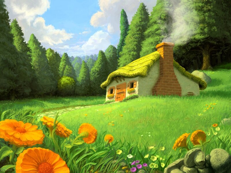 Cottage in Meadow — Green, Serene