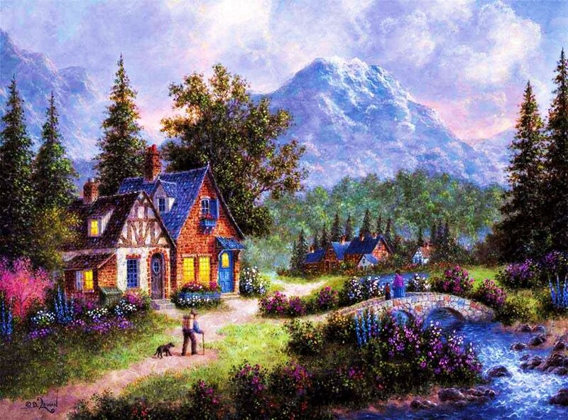 Cottage in Mountain Valley — Blue, Serene