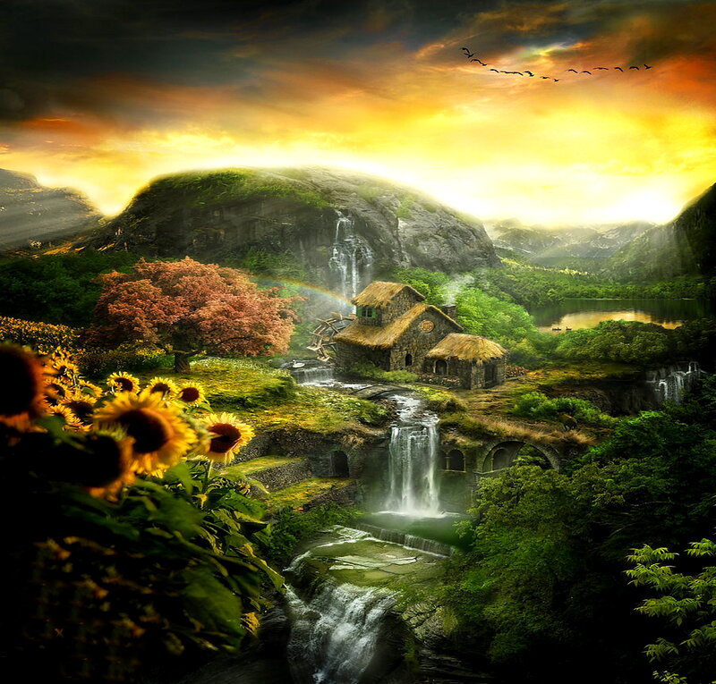 Cottage in Mountain Valley — Green, Dramatic, Sunset