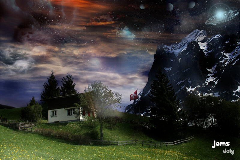 Cottage in Mountain Valley — Green, Dramatic