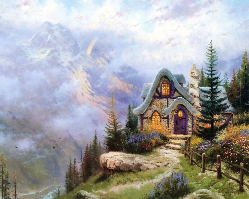 Cottage in Mountain Valley — Green, Serene, Morning, Painting