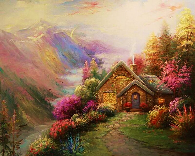 Cottage in Mountain Valley — Green, Serene, Sunset