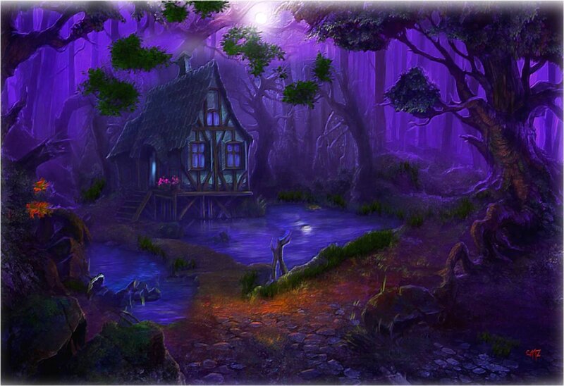 Cottage in Purple Forest — Mysterious, Night