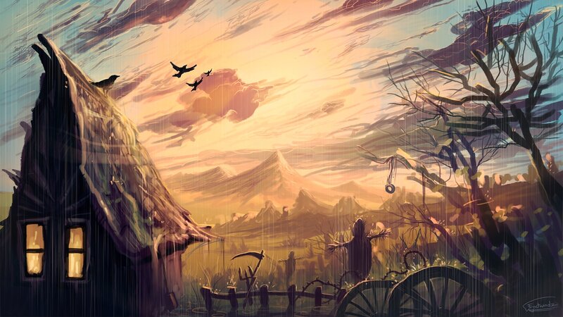 Cottage in Rainy Landscape — Orange