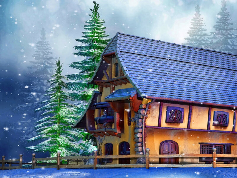 Cottage in Snowy Forest — Blue, Peaceful
