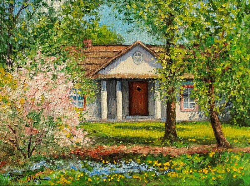 Cottage in Spring Garden — Green, Serene, Painting