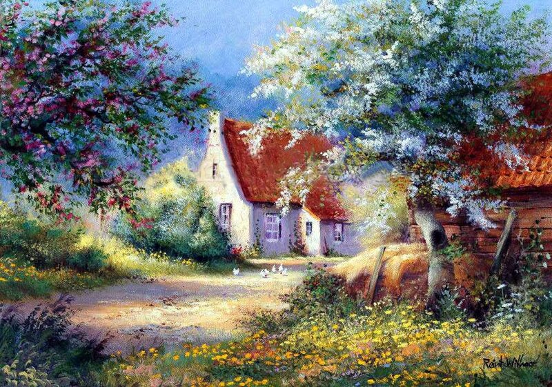 Cottage in Spring Garden — Green, Serene, Painting, Trees, Flowers