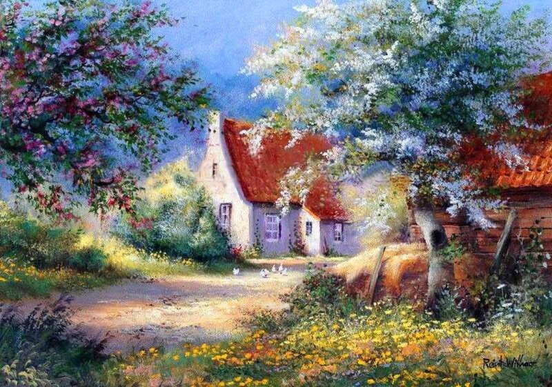 Cottage in Spring Garden — Green, Serene, Painting, Trees