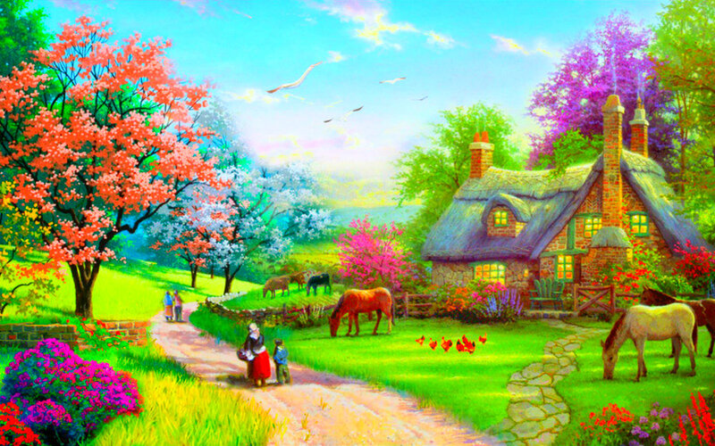 Cottage in Spring Landscape — Green, Serene
