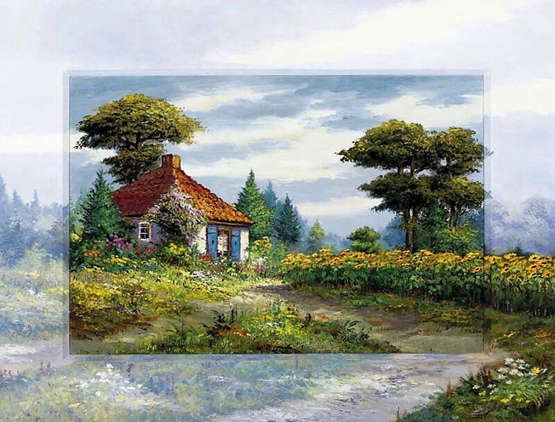 Cottage in Sunflower Field