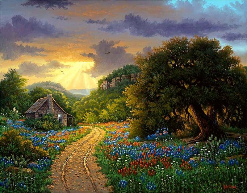 Cottage in Wildflower Field — Blue, Serene