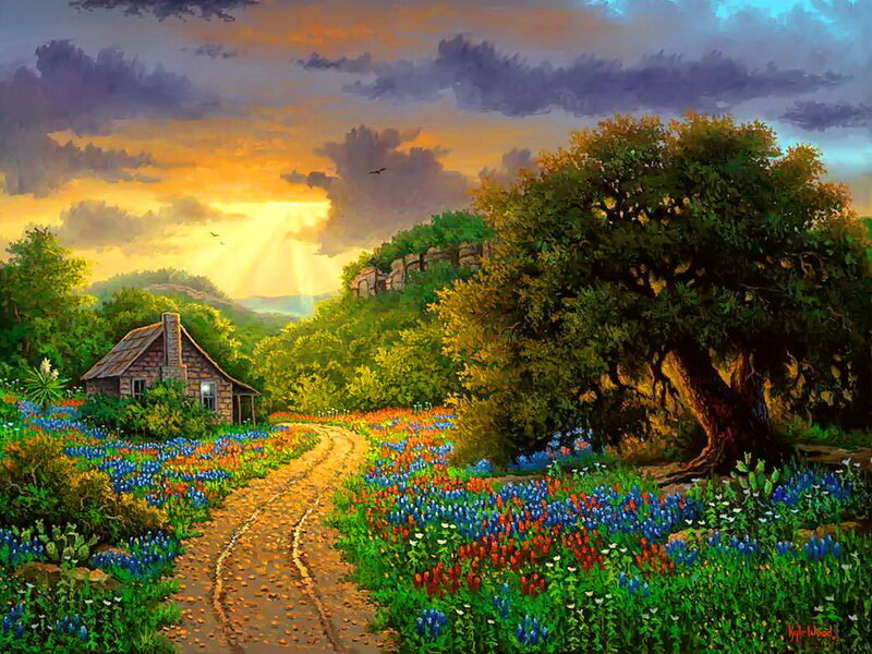 Cottage in Wildflower Field — Green
