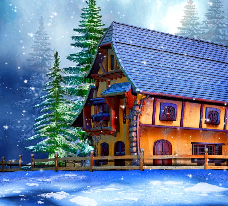 Cottage in Winter — Blue, Peaceful, Digital Art