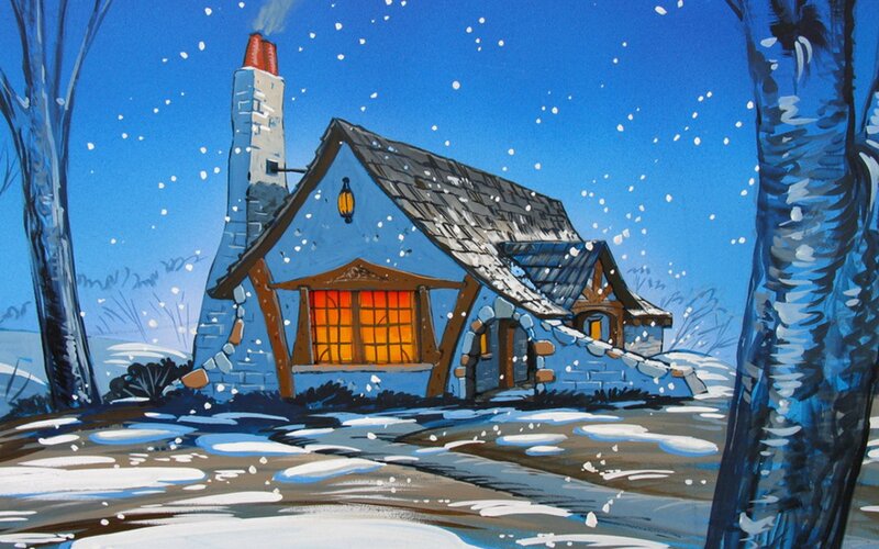 Cottage in Winter — Blue, Peaceful, Painting