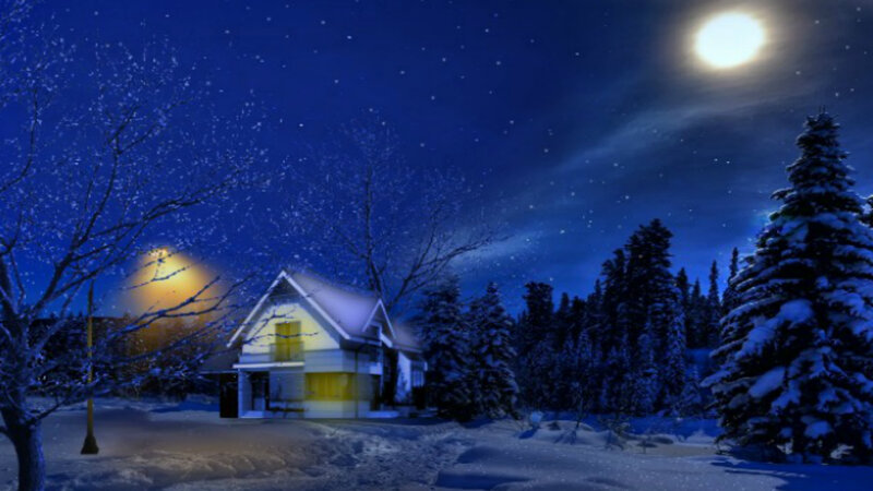Cottage in Winter — Blue, Serene, Night, Digital Art, Moon