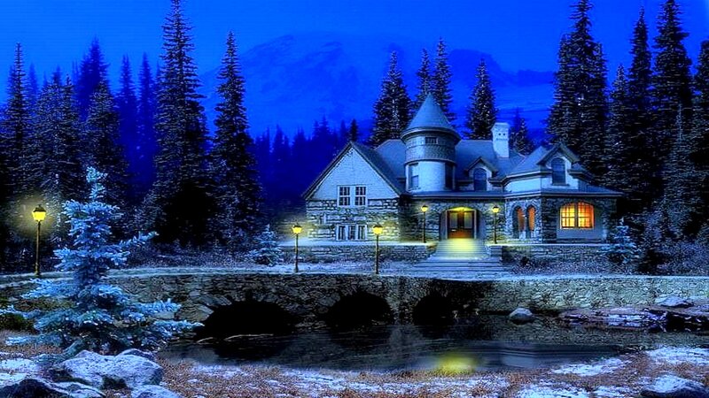 Cottage in Winter — Blue, Serene, Night, Digital Art
