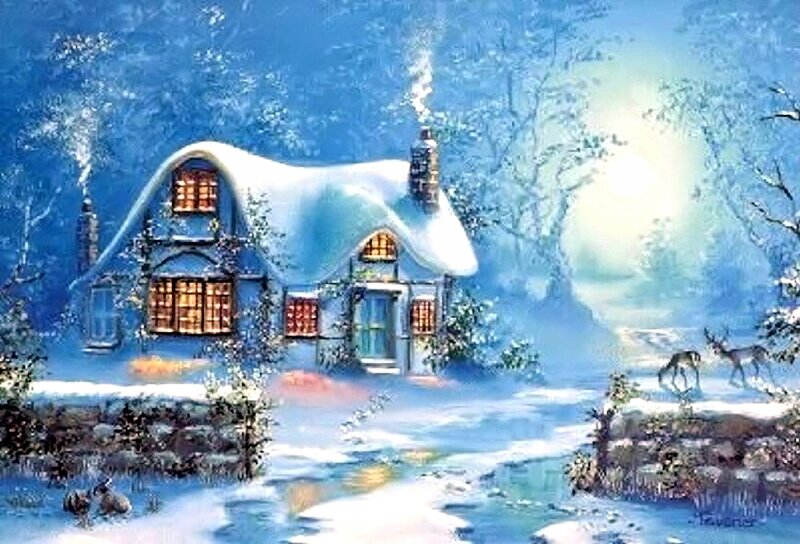Cottage in Winter — Blue, Serene, Night, Painting