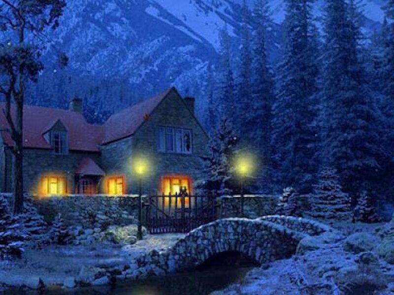 Cottage in Winter — Blue, Serene, Night