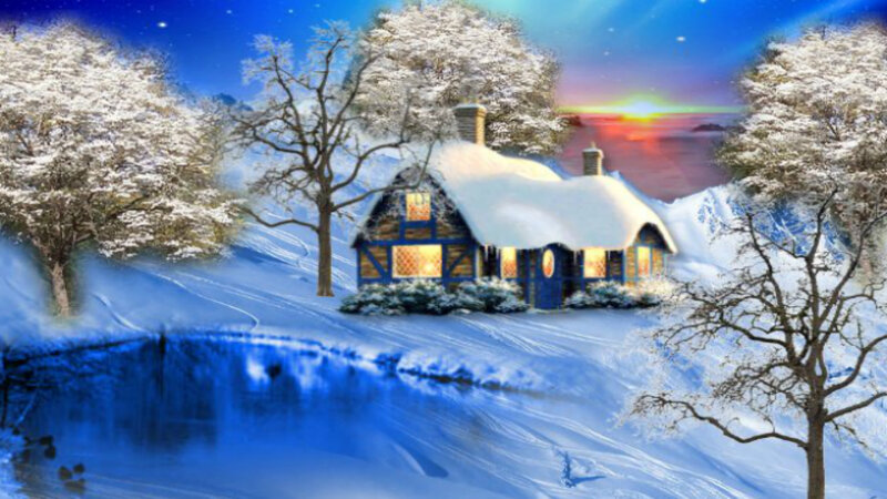 Cottage in Winter Landscape — Blue, Serene, Digital Art