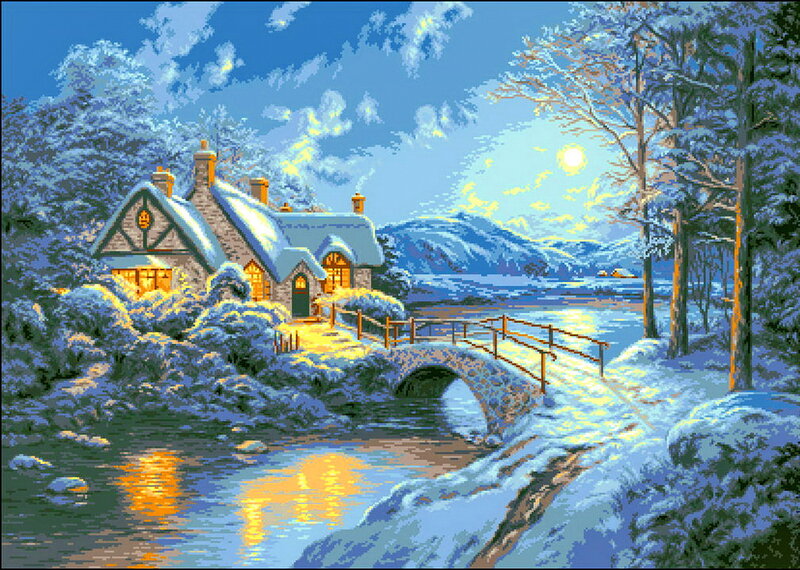Cottage in Winter Landscape — Blue, Serene, Night