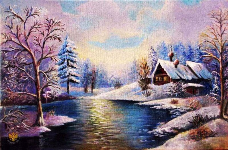 Cottage in Winter Landscape — Blue, Serene, Painting