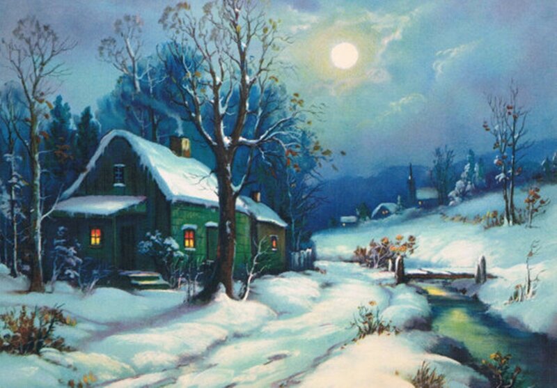 Cottage in Winter Landscape — Blue, Serene