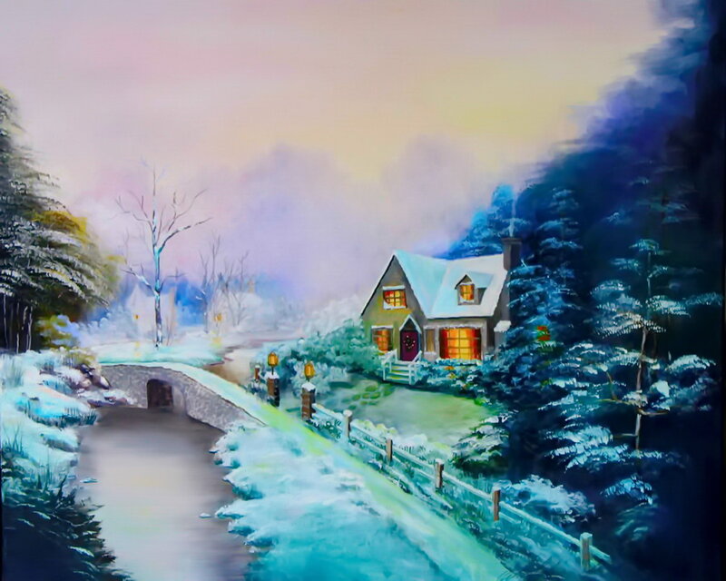 Cottage in Winter Landscape — Blue