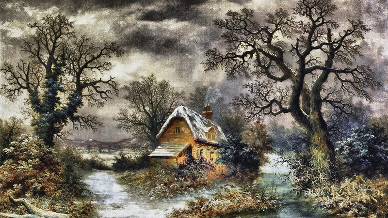 Cottage in Winter Landscape — Brown