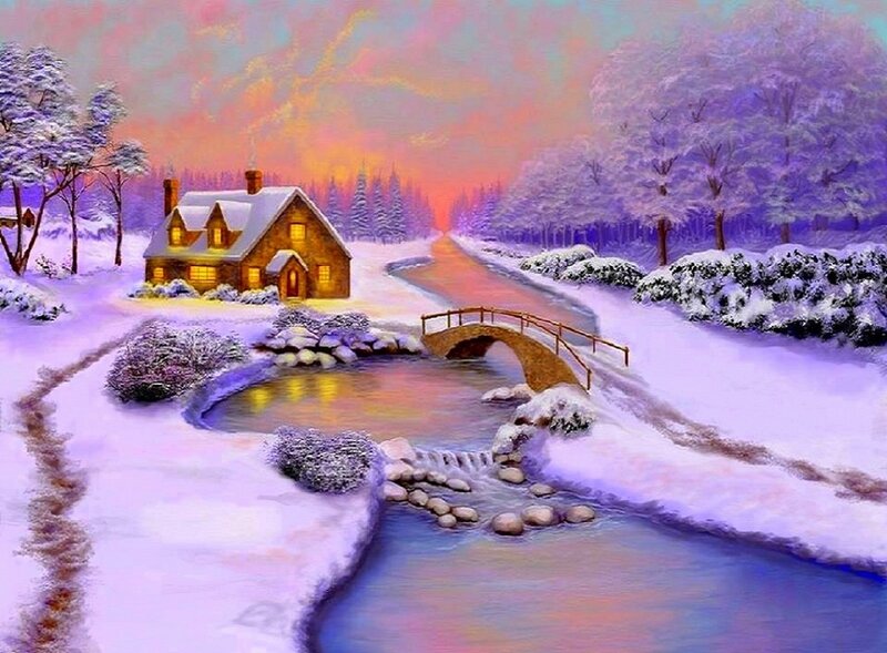 Cottage in Winter Landscape — Purple
