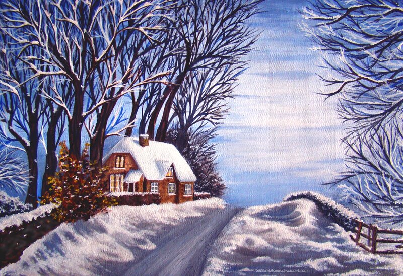 Cottage in Winter Landscape — White, Serene, Painting, House
