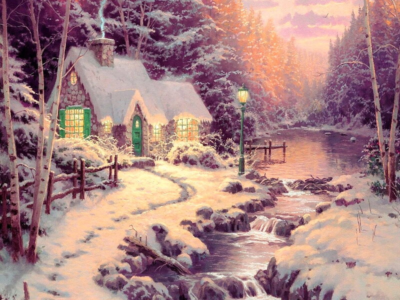 Cottage in Winter Landscape — White, Serene, Painting, River, Lamp Post
