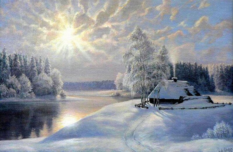 Cottage in Winter Landscape — White, Serene, Painting