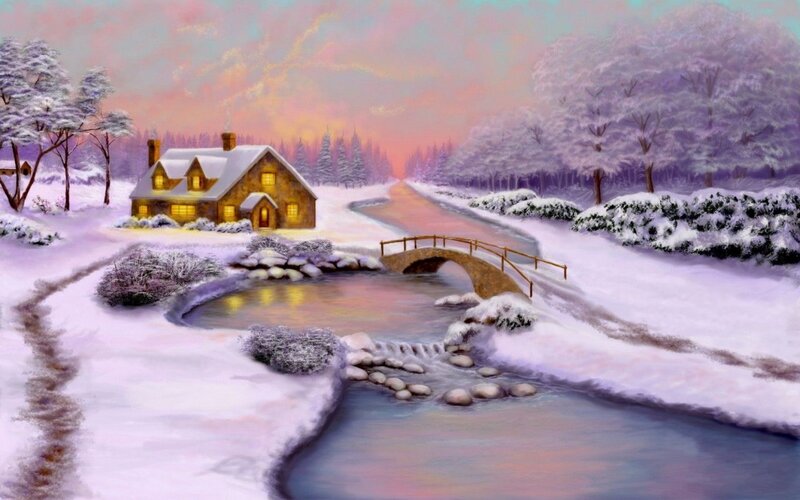 Cottage in Winter Landscape — White, Serene