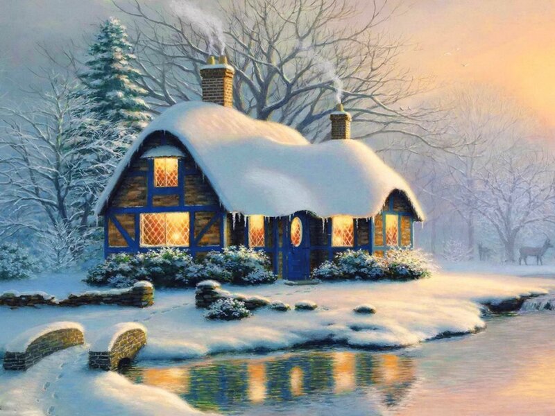 Cottage in Winter — White, Peaceful, Painting