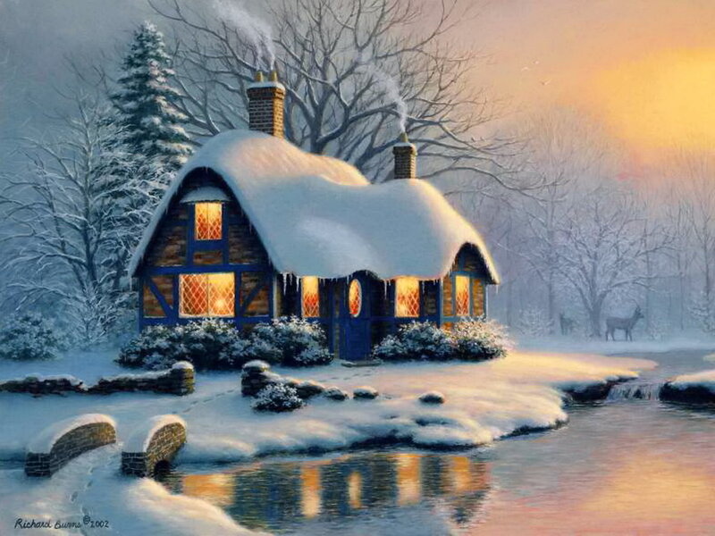 Cottage in Winter — White, Serene, Painting, Deer, River
