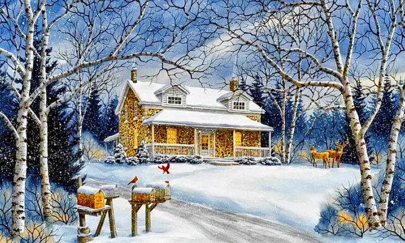 Cottage in Winter — White, Serene, Painting, Deer