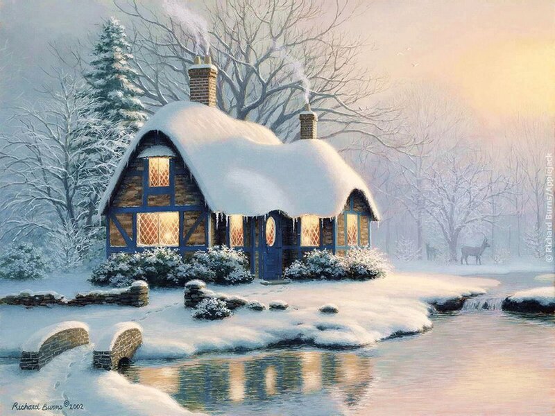 Cottage in Winter — White, Serene, Painting, River
