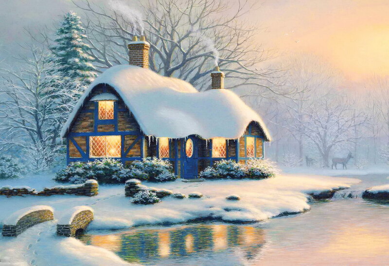 Cottage in Winter — White, Serene, Painting