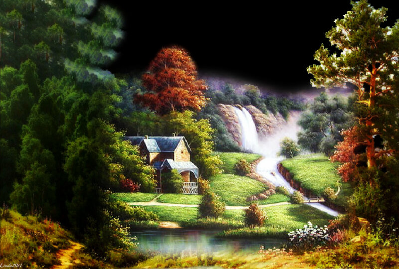 Cottage Near Waterfall — Green, Serene, Afternoon